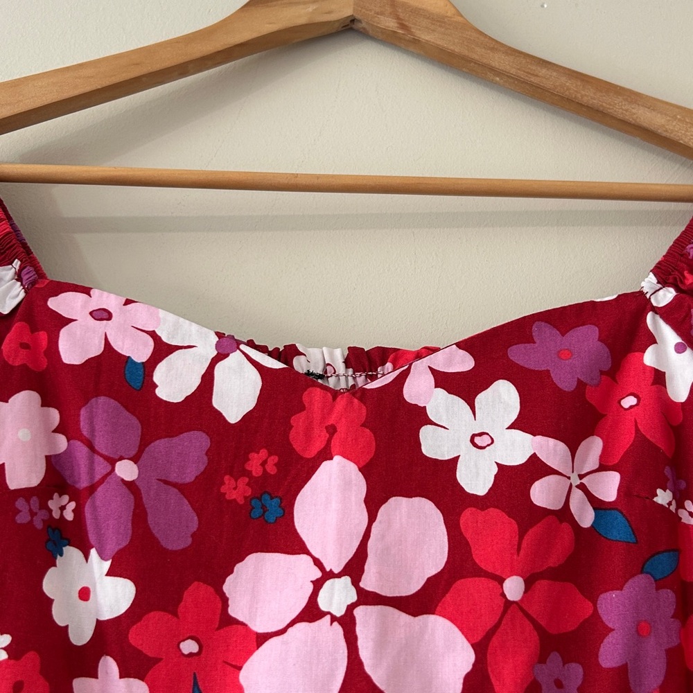 Fore Boho Red Floral Babydoll Dress Large Sweetheart Puff Sleeve 100% Cotton - Picture 4 of 9